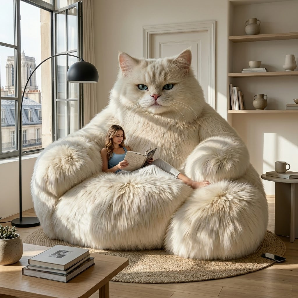 Lazy Giant White Cat Plush Lounge Sofa