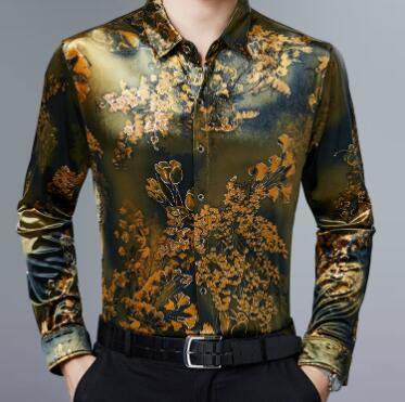 Stretch Velvet Flower Long Sleeve Men Shirt - MaviGadget