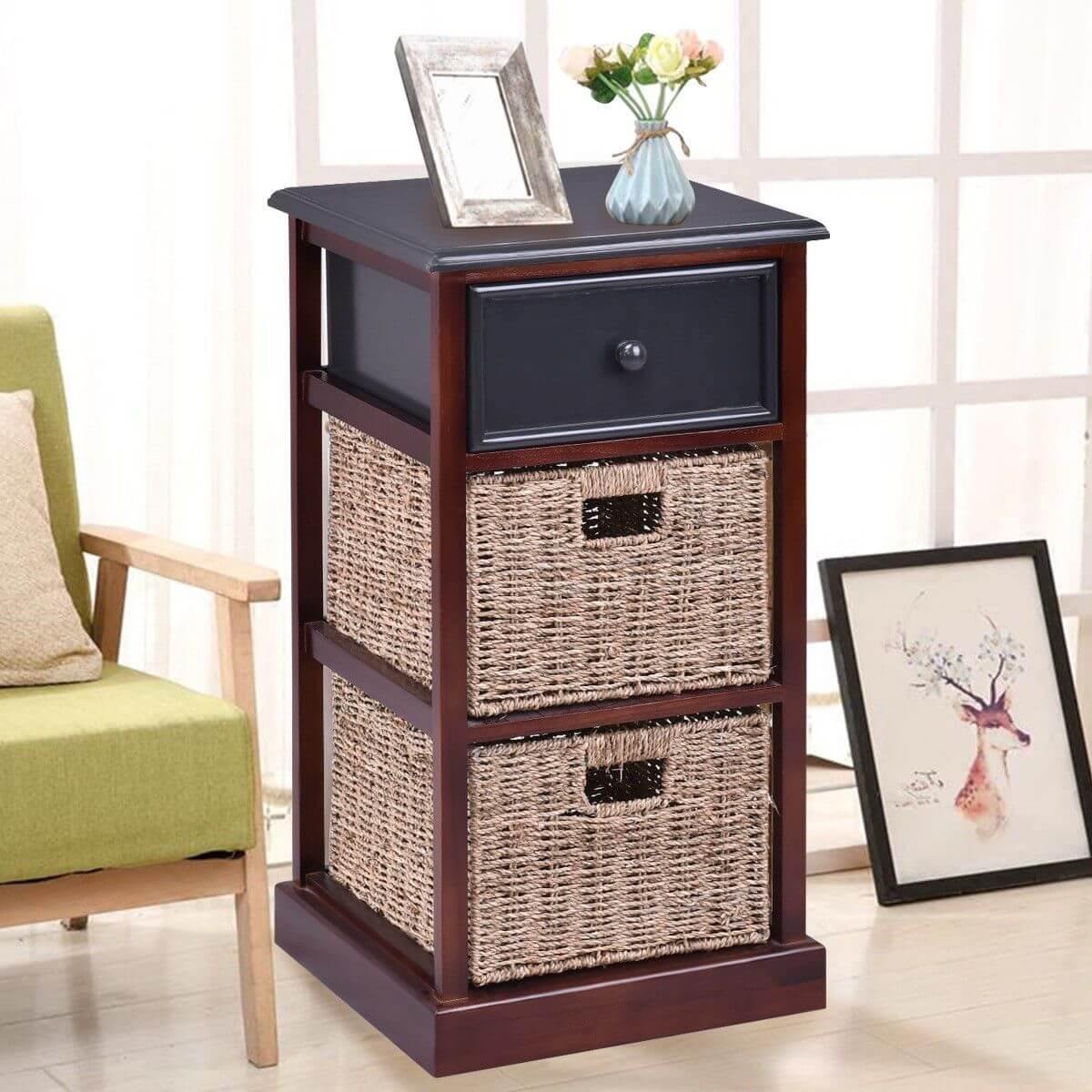 3 Tiers Wooden Nightstand with 1 Drawer 2 Baskets - MaviGadget