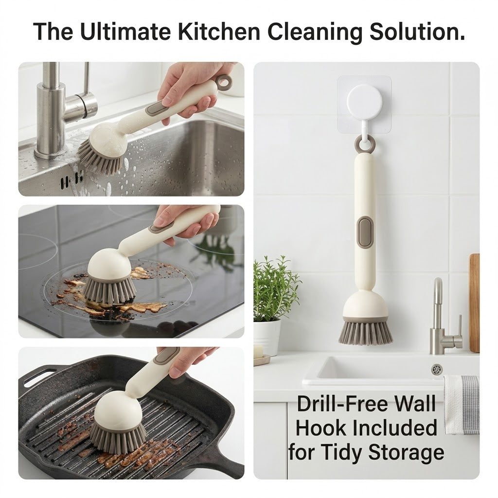 Press Clean Soap Dispensing Pot Scrub Brush