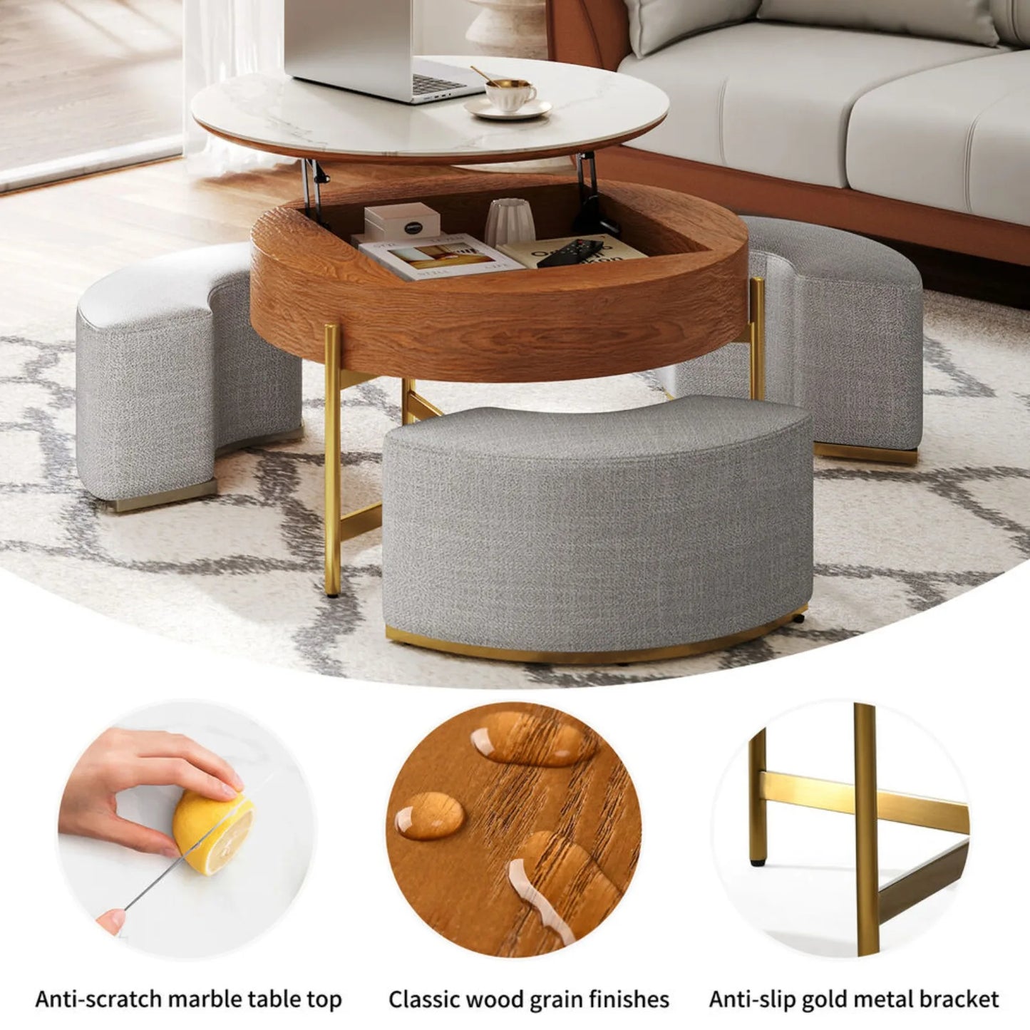 Ottoman Seating Liftable Wooden Coffee Table Set