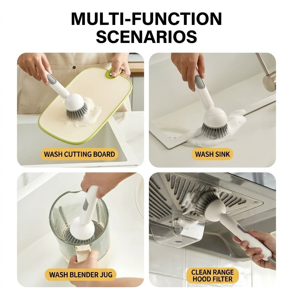 Press Clean Soap Dispensing Pot Scrub Brush