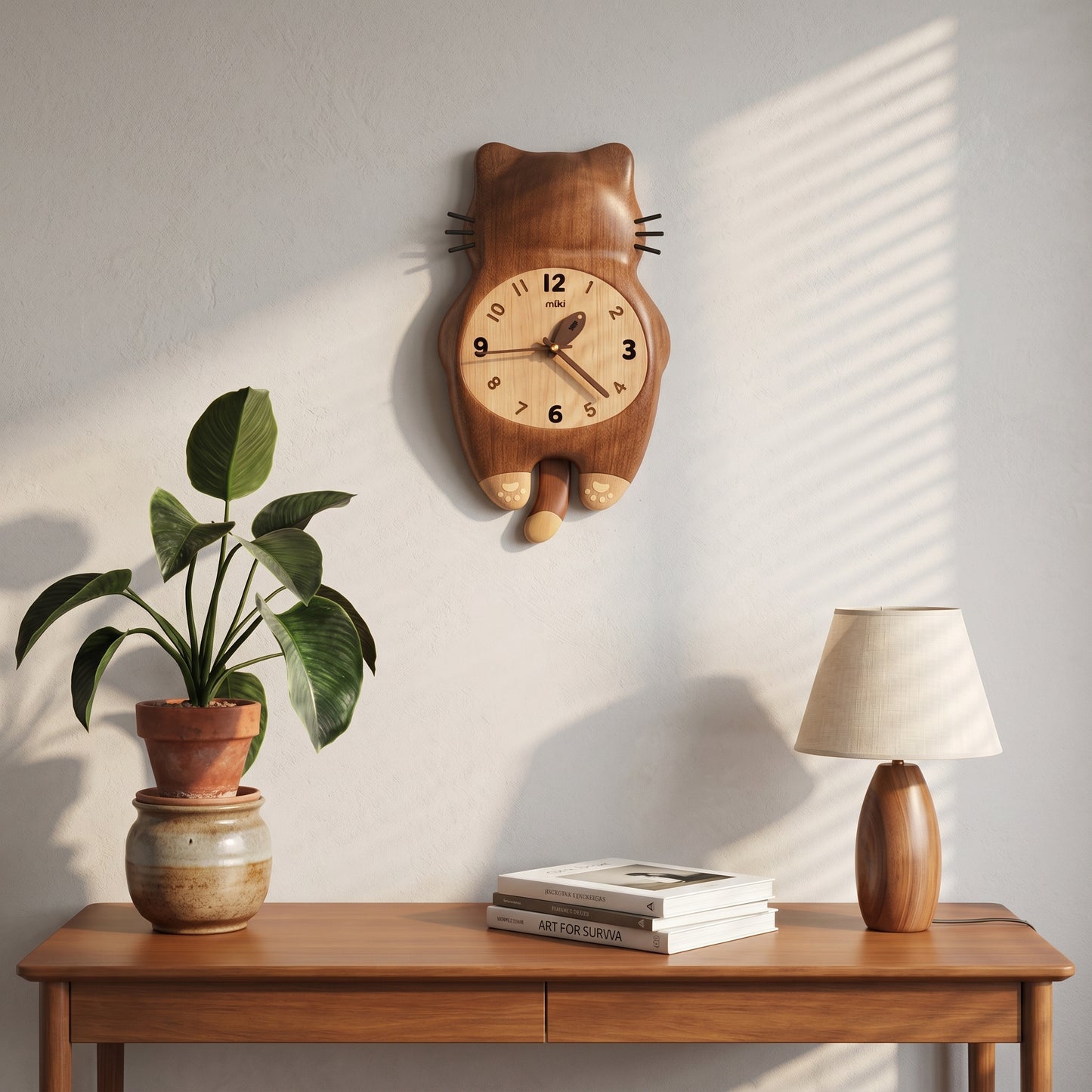 Tail Wagging Cat Shaped Wooden Wall Clock