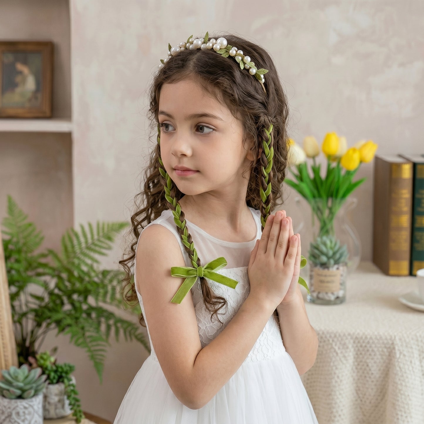 Forest Fairy Green Vine Pearl Kids Braided Headband