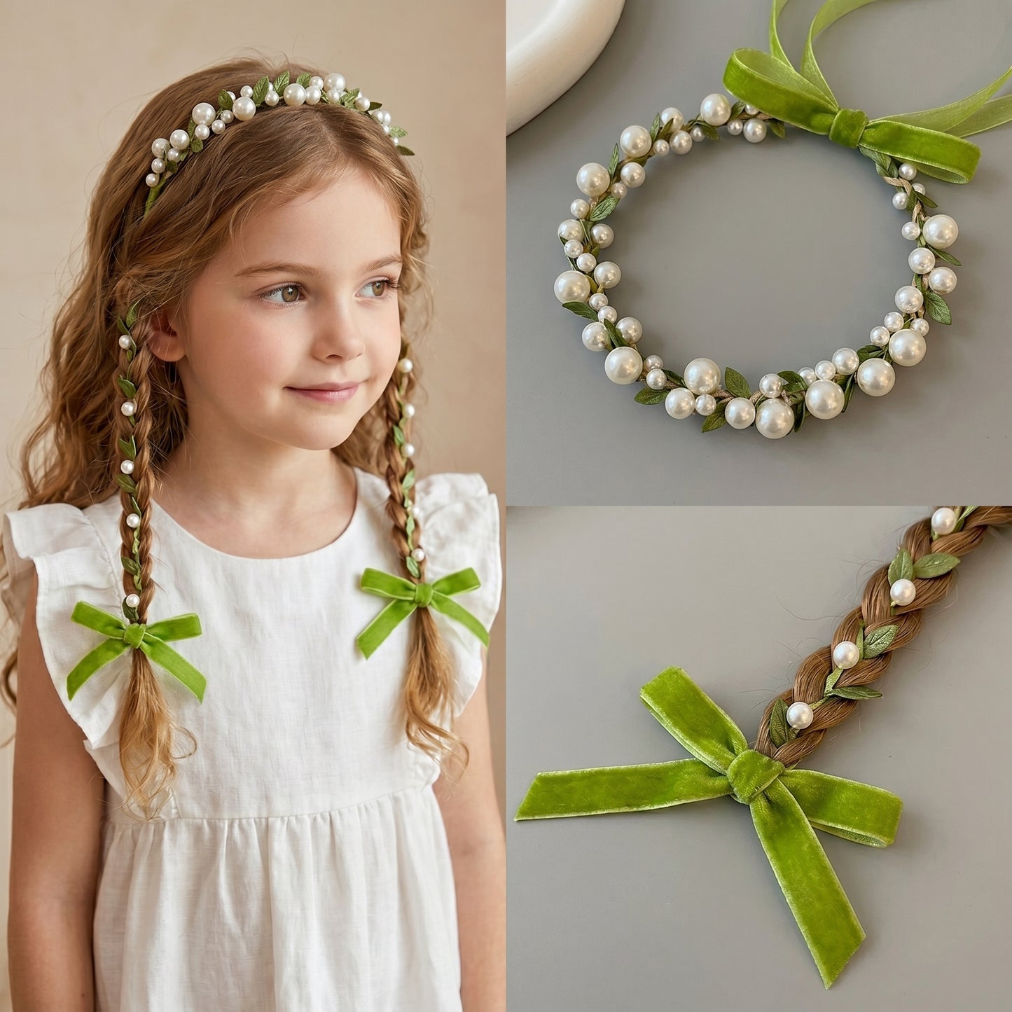Forest Fairy Green Vine Pearl Kids Braided Headband