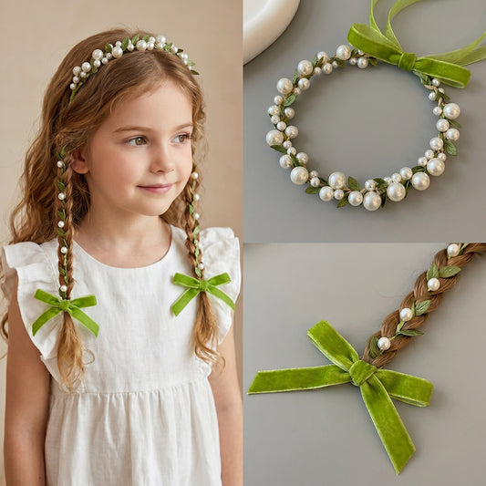 Forest Fairy Green Vine Pearl Kids Braided Headband
