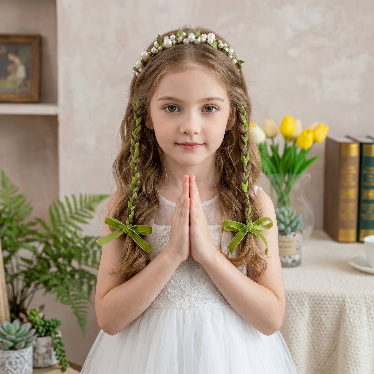 Forest Fairy Green Vine Pearl Kids Braided Headband