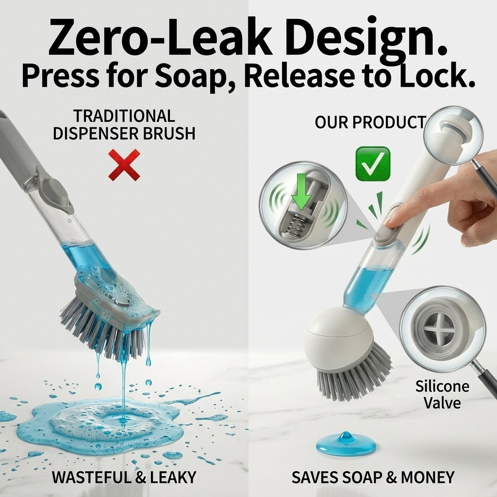 Press Clean Soap Dispensing Pot Scrub Brush