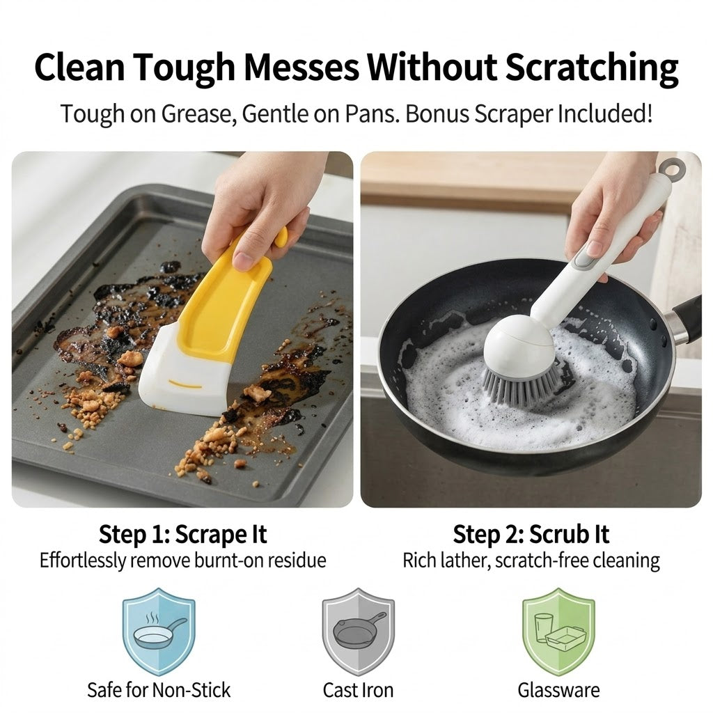 Press Clean Soap Dispensing Pot Scrub Brush