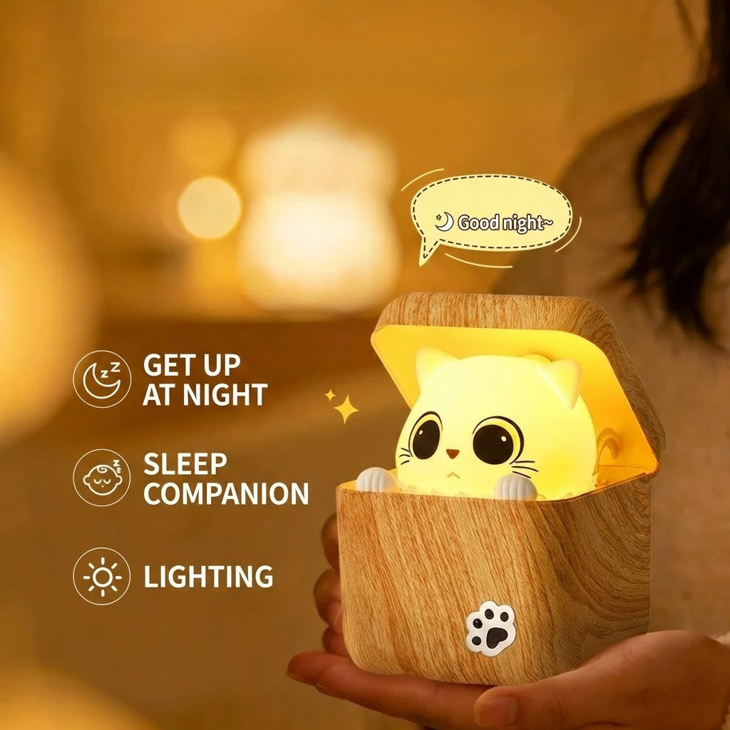 Cute Peekaboo Cat Wooden Night Light Lamp