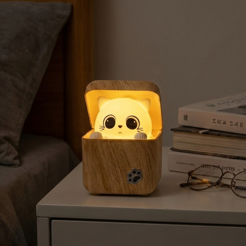 Cute Peekaboo Cat Wooden Night Light Lamp