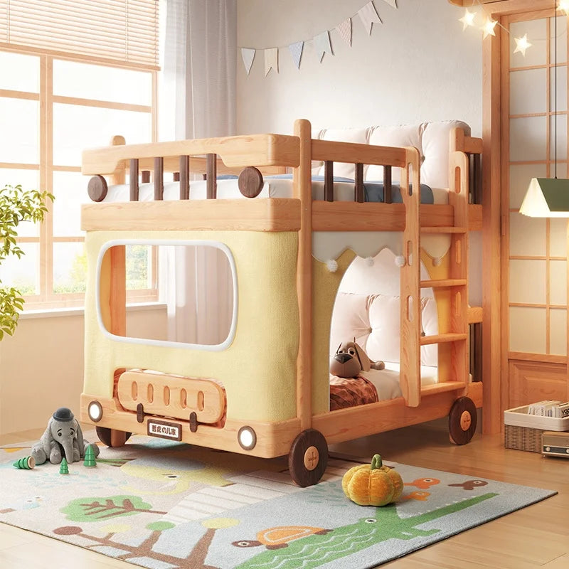 Cute Bus Two-Level Playhouse Wooden Bunk Bed