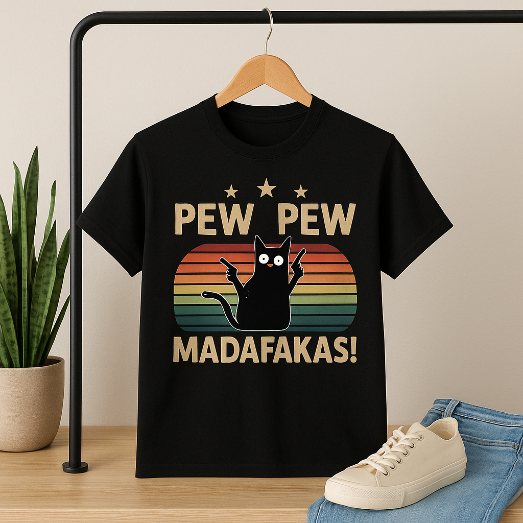 Pew Pew Funny Cat Retro T-Shirt
