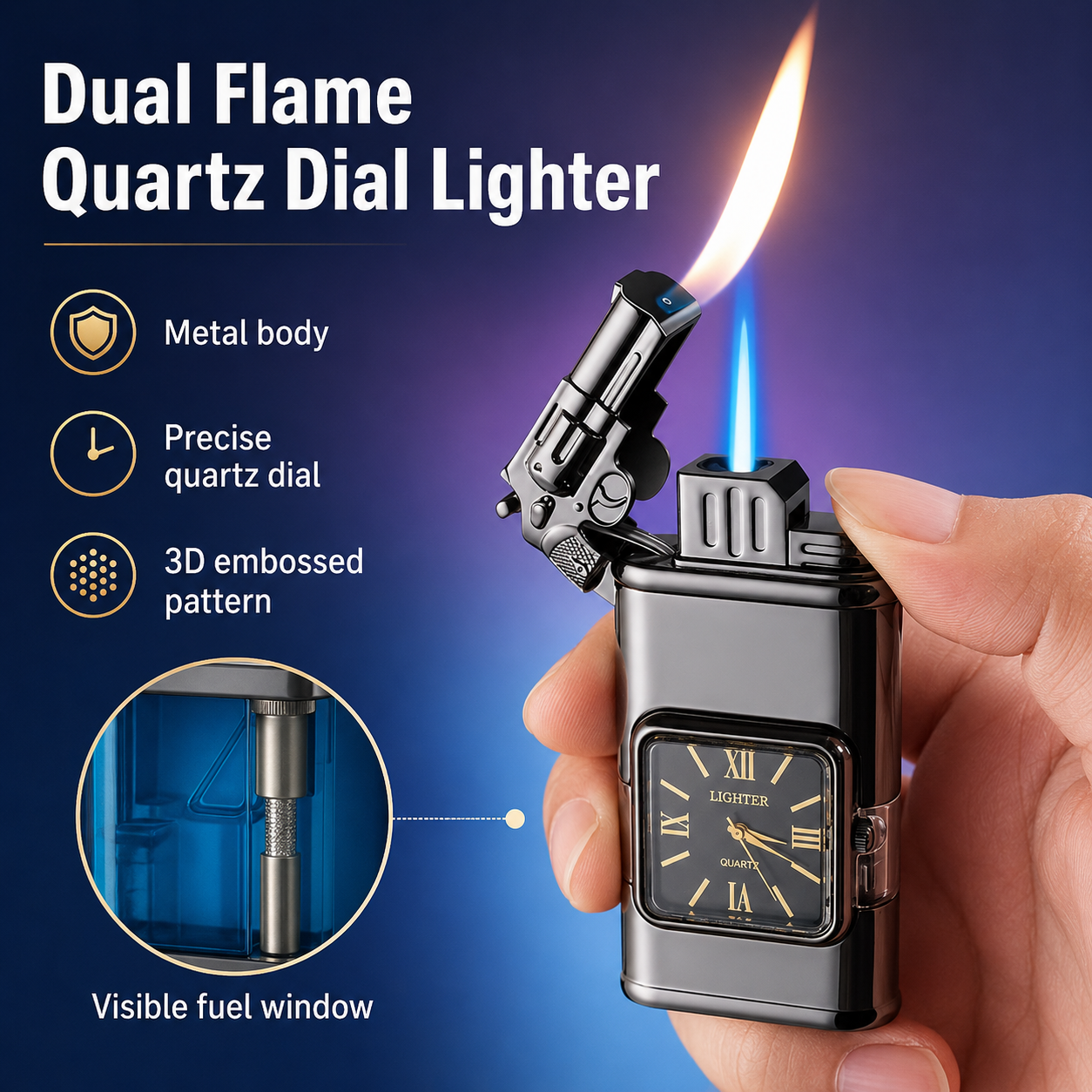 Twin Jets Quartz Dial Dual Flame Metal Lighter