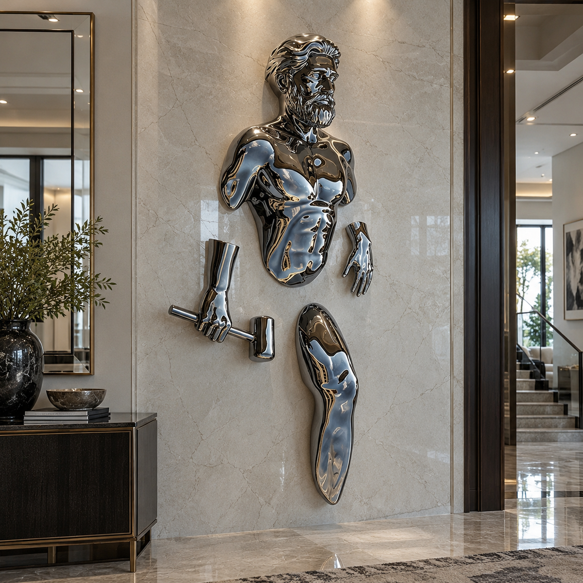 Wall Breaker 3D Chrome Man Sculpture