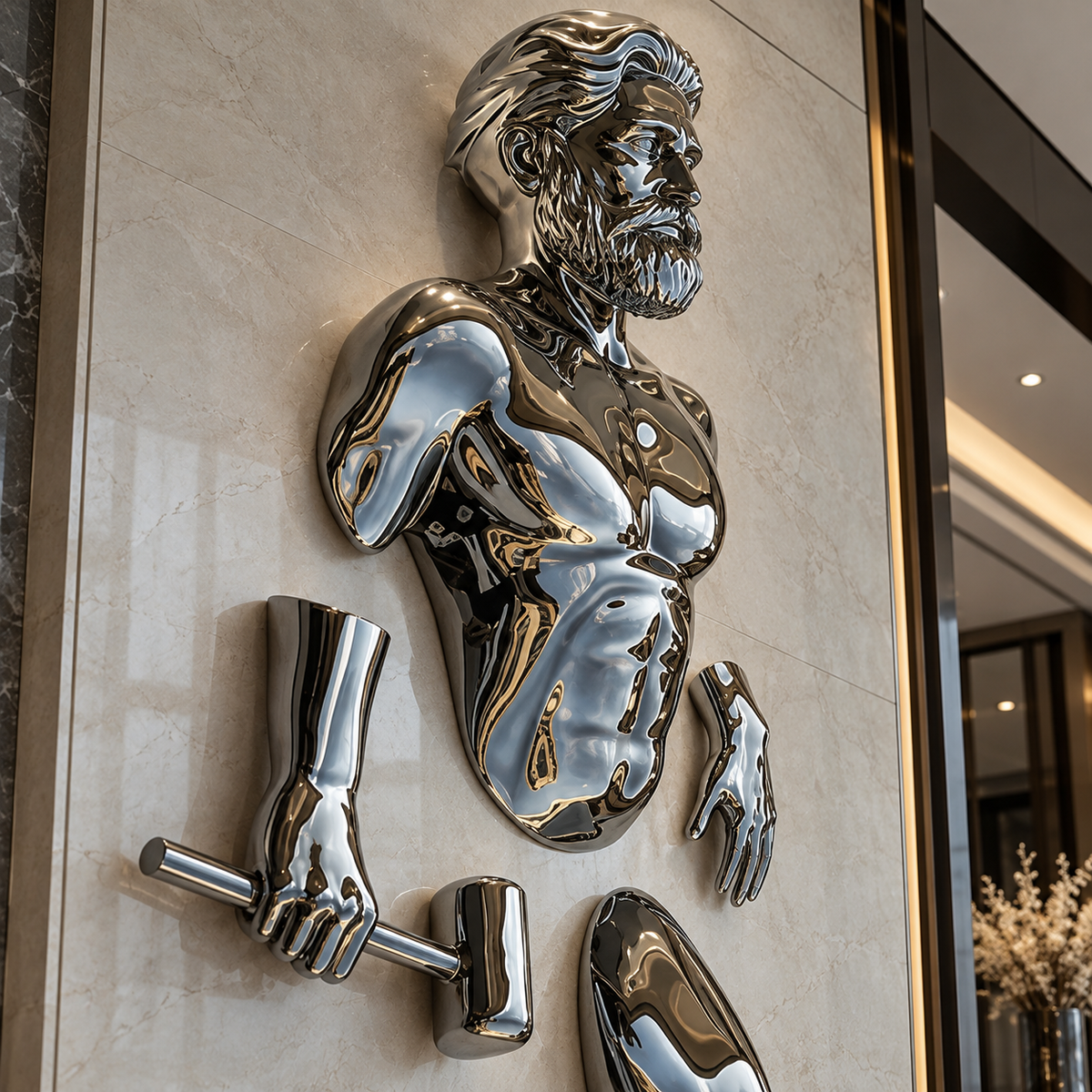 Wall Breaker 3D Chrome Man Sculpture