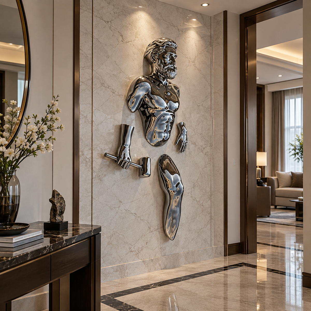 Wall Breaker 3D Chrome Man Sculpture