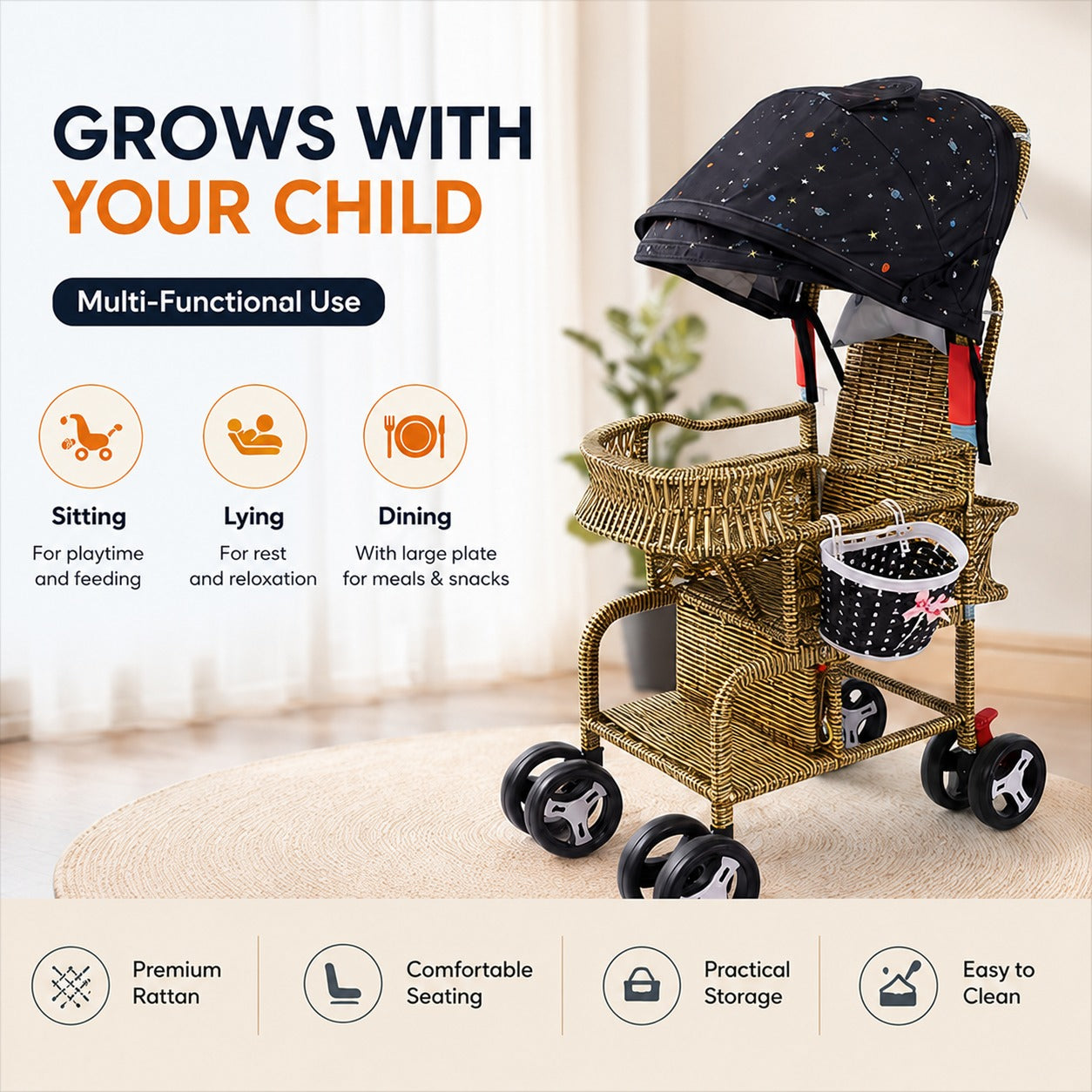 Bellaria Lightweight Vintage Rattan Summer Baby Stroller