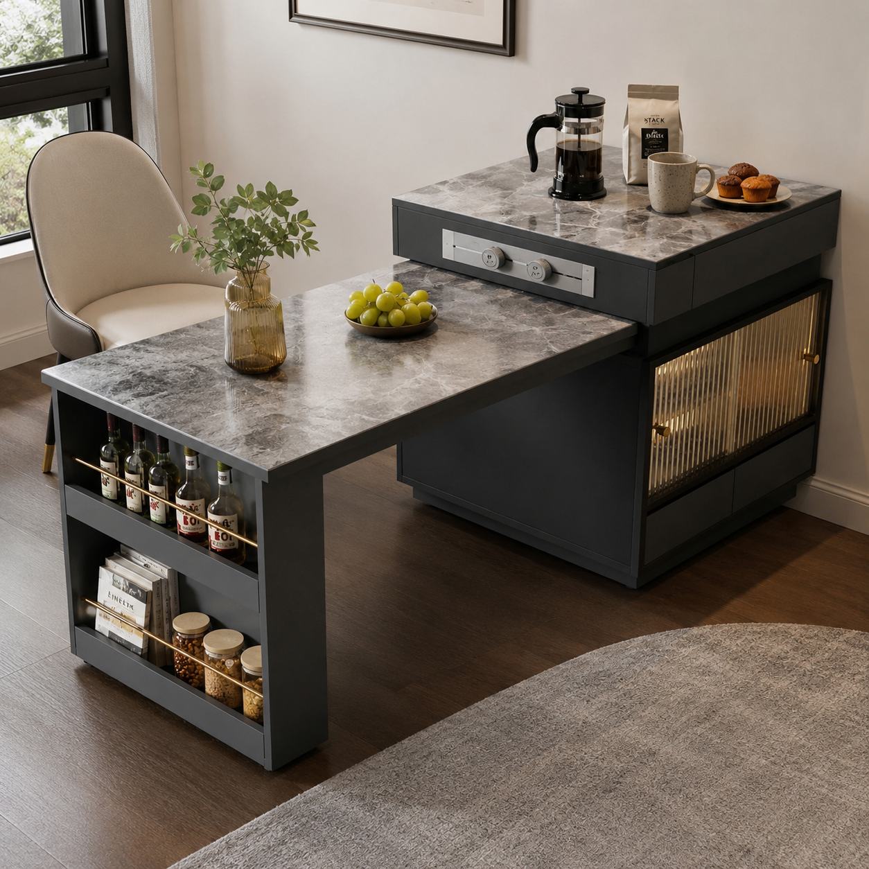 Modesta Compact Pull-Out Kitchen Island Dining Table