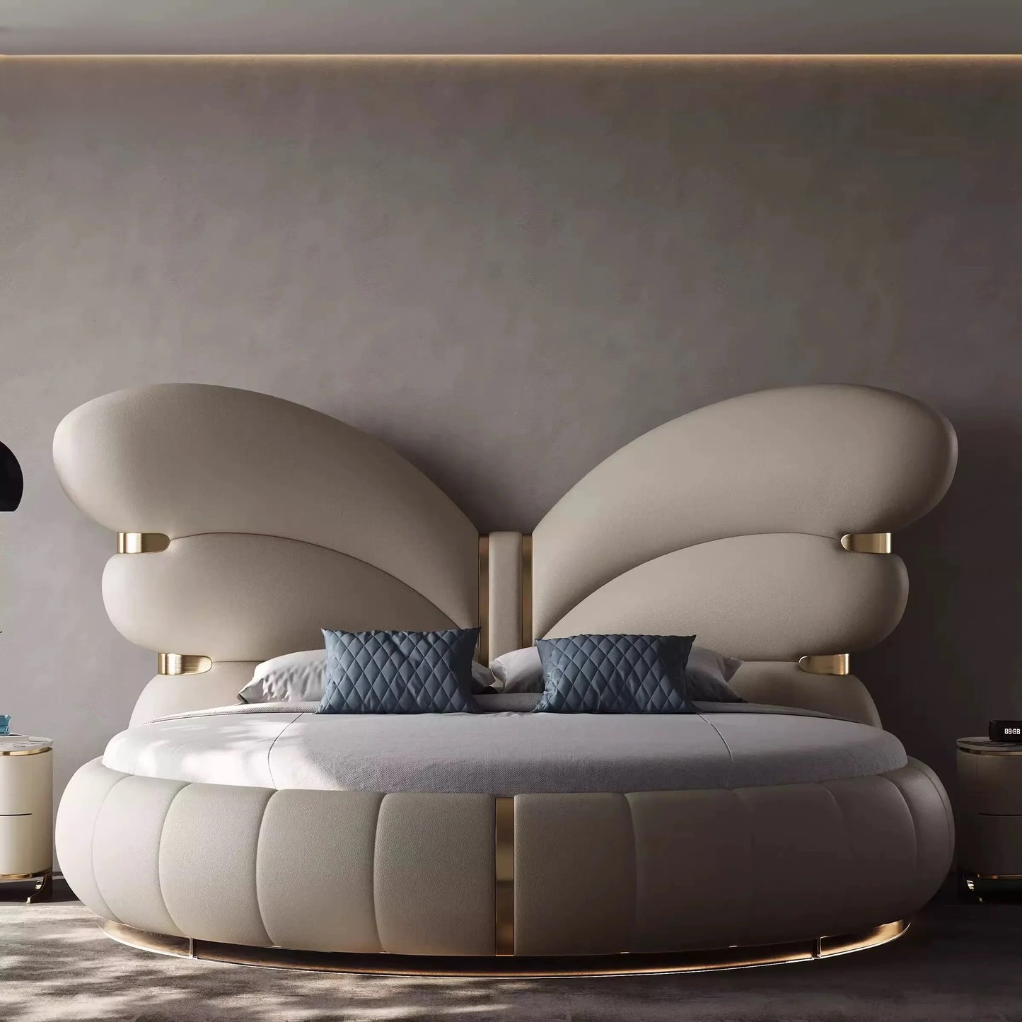 Elegant Butterfly Wing Headboard Leather Round Bed