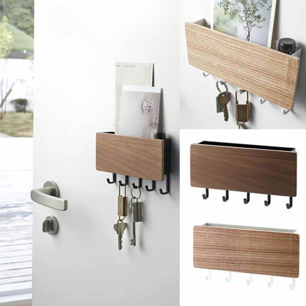 Modern Wood Wall Organizer with Hooks - MaviGadget