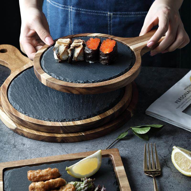Wooden Slate Round Snack Food Plate - MaviGadget