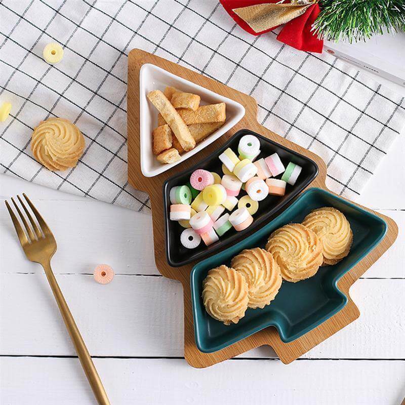 Christmas Tree Ceramic Plates With Bamboo Base Stand - MaviGadget
