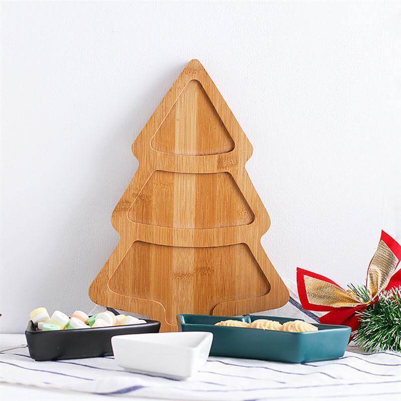 Christmas Tree Ceramic Plates With Bamboo Base Stand - MaviGadget