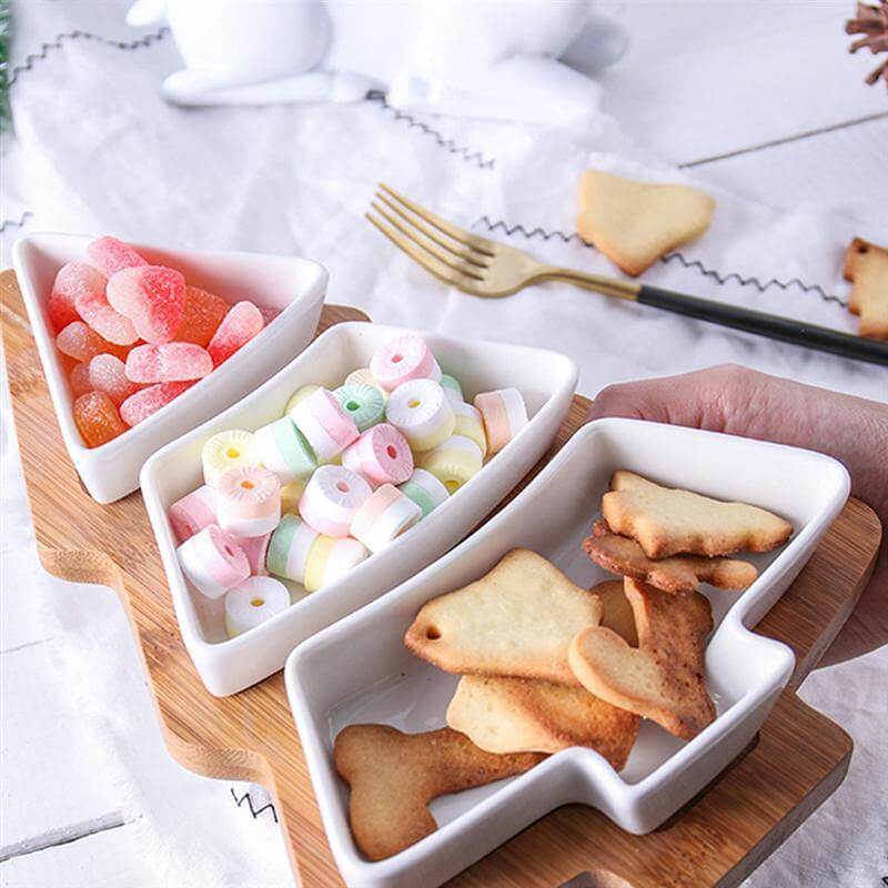 Christmas Tree Ceramic Plates With Bamboo Base Stand - MaviGadget