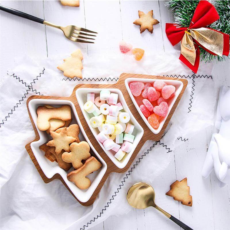 Christmas Tree Ceramic Plates With Bamboo Base Stand - MaviGadget