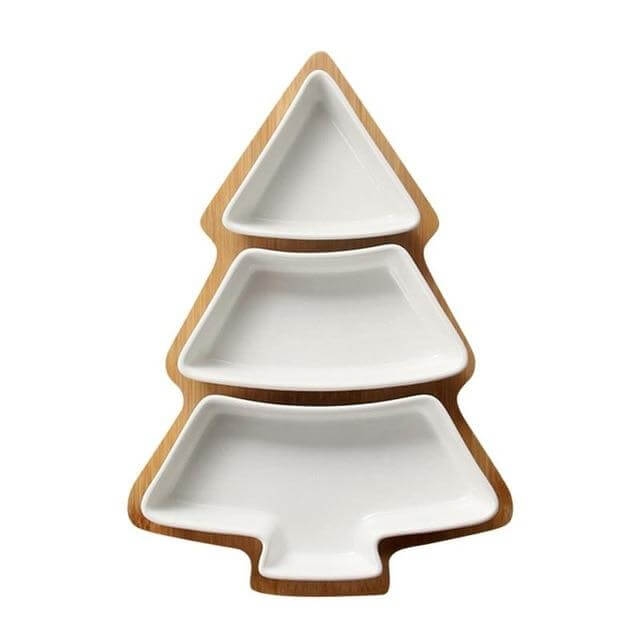 Christmas Tree Ceramic Plates With Bamboo Base Stand - MaviGadget