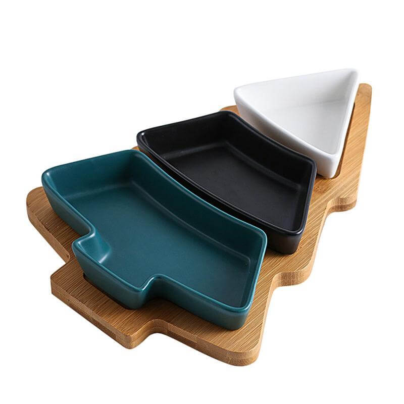 Christmas Tree Ceramic Plates With Bamboo Base Stand - MaviGadget