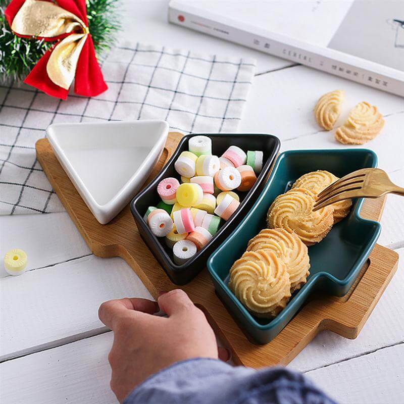 Christmas Tree Ceramic Plates With Bamboo Base Stand - MaviGadget