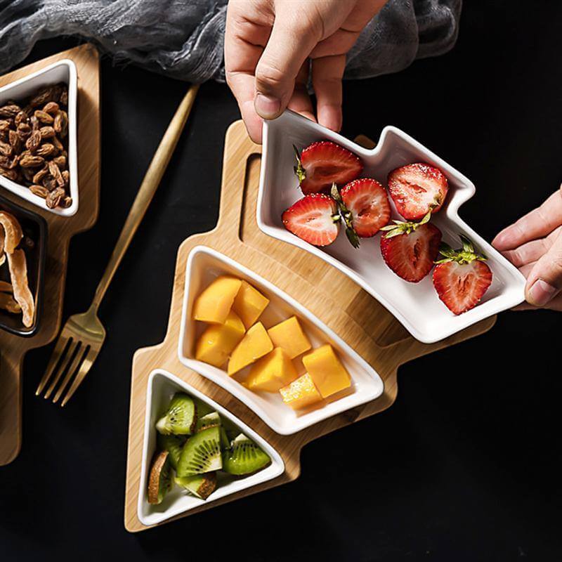 Christmas Tree Ceramic Plates With Bamboo Base Stand - MaviGadget