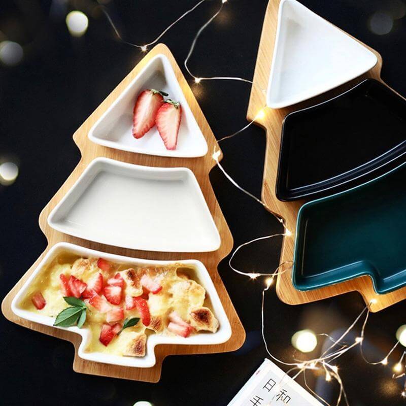 Christmas Tree Ceramic Plates With Bamboo Base Stand - MaviGadget