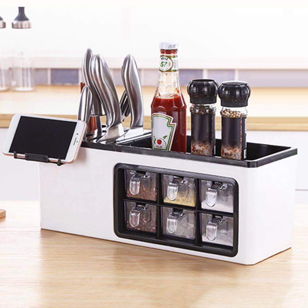 Multipurpose Useful Shelf Seasoning Storage Organizer with Phone Holder - MaviGadget