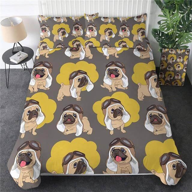 3pcs Hippie Pug Puppy Cartoon Comfortable Duvet Cover Bedding Set - MaviGadget