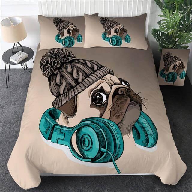 3pcs Hippie Pug Puppy Cartoon Comfortable Duvet Cover Bedding Set - MaviGadget