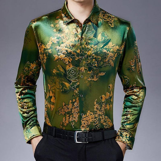Stretch Velvet Flower Long Sleeve Men Shirt - MaviGadget
