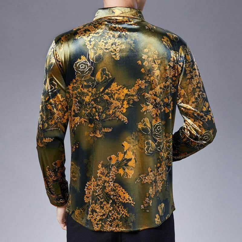 Stretch Velvet Flower Long Sleeve Men Shirt - MaviGadget