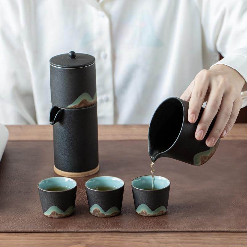 Portable Travel Ceramic Mountain Teapot With 3 Cups - MaviGadget