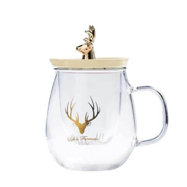 Double Wall Glass Cup With Deer Shape Ceramic Lid - MaviGadget