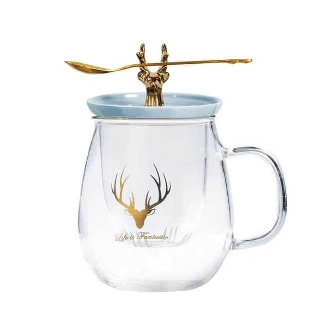 Double Wall Glass Cup With Deer Shape Ceramic Lid - MaviGadget