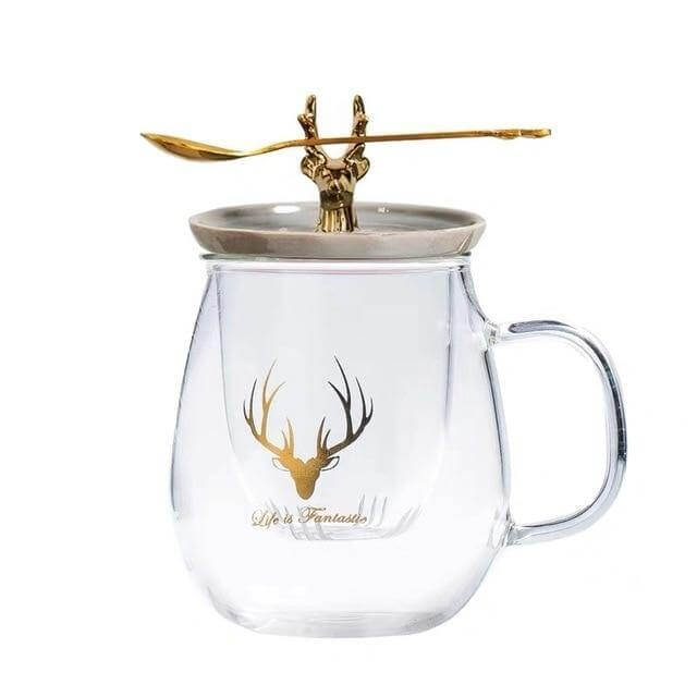Double Wall Glass Cup With Deer Shape Ceramic Lid - MaviGadget