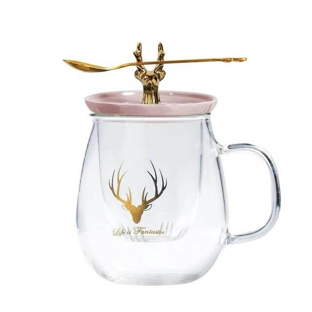 Double Wall Glass Cup With Deer Shape Ceramic Lid - MaviGadget