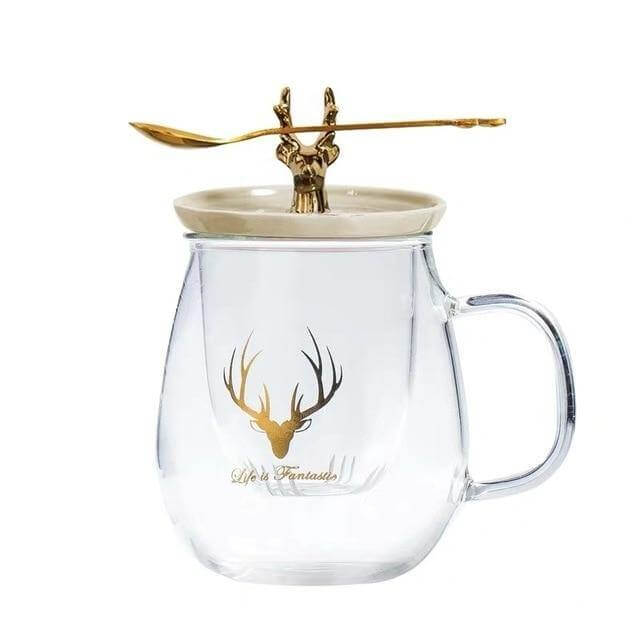 Double Wall Glass Cup With Deer Shape Ceramic Lid - MaviGadget