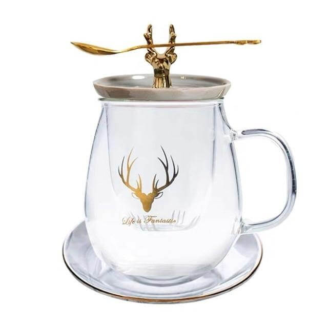 Double Wall Glass Cup With Deer Shape Ceramic Lid - MaviGadget