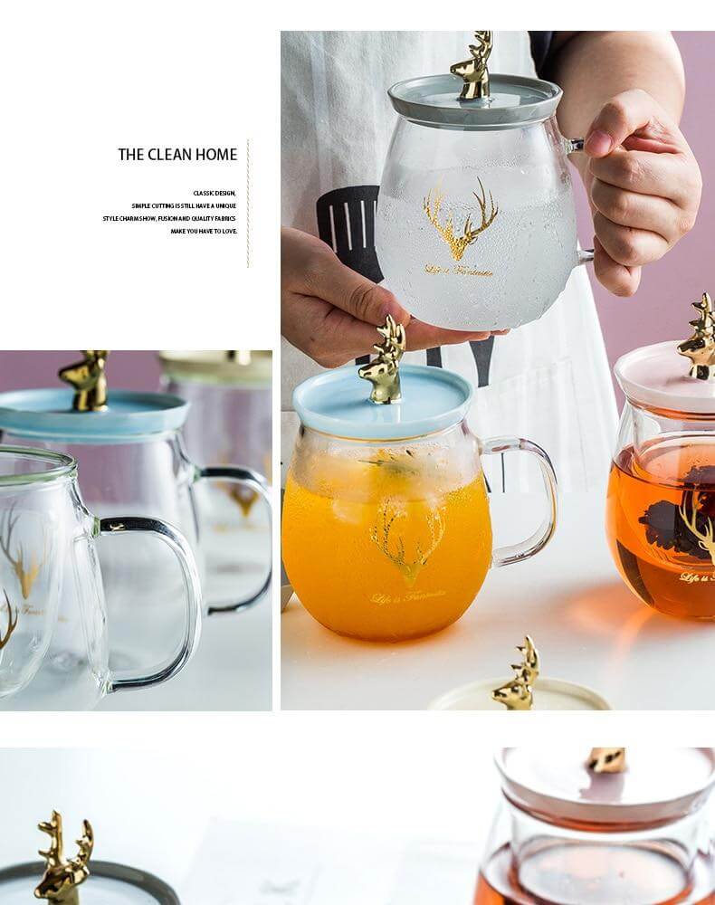 Double Wall Glass Cup With Deer Shape Ceramic Lid - MaviGadget
