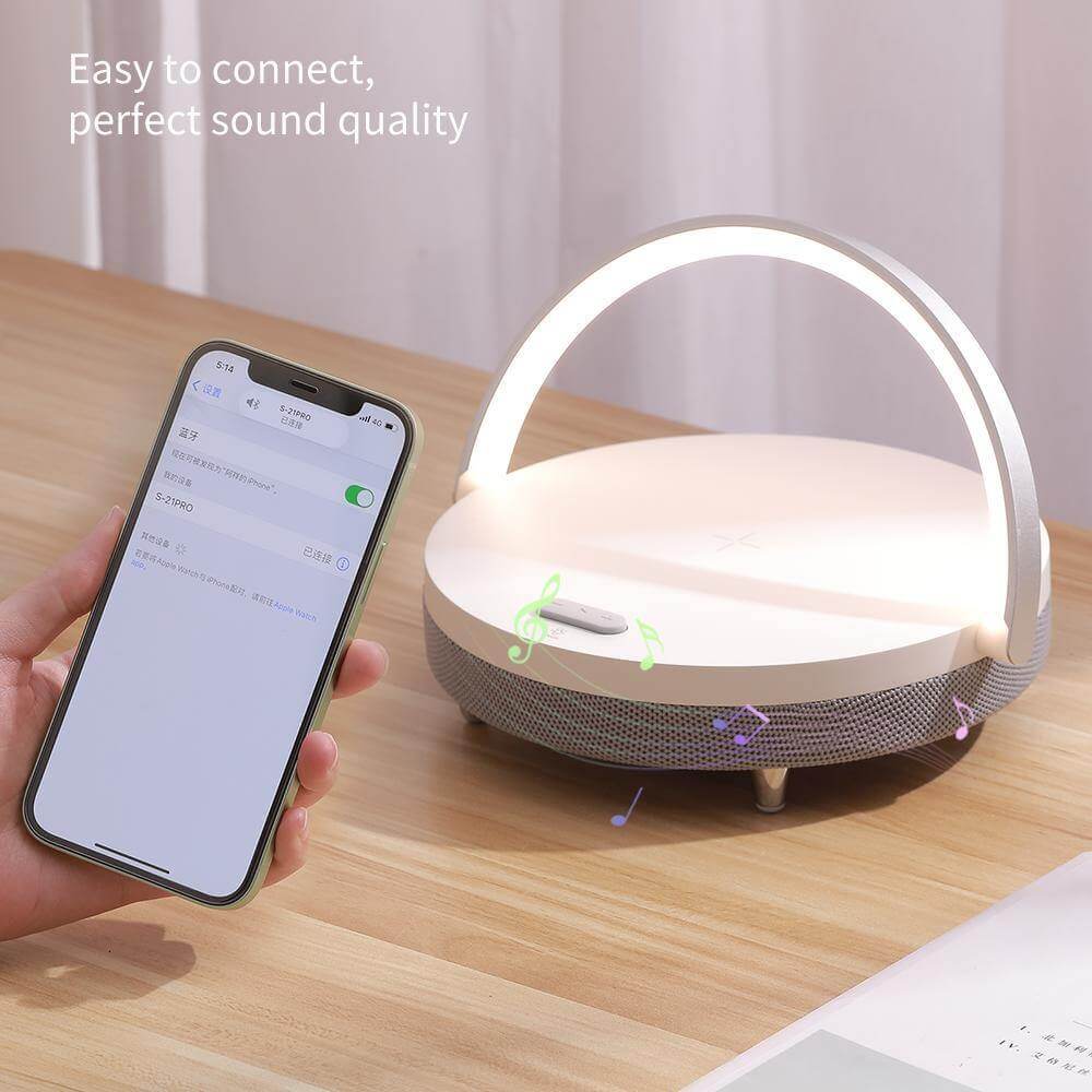 Wooden Base Wireless Charger Speaker Table Lamp - MaviGadget