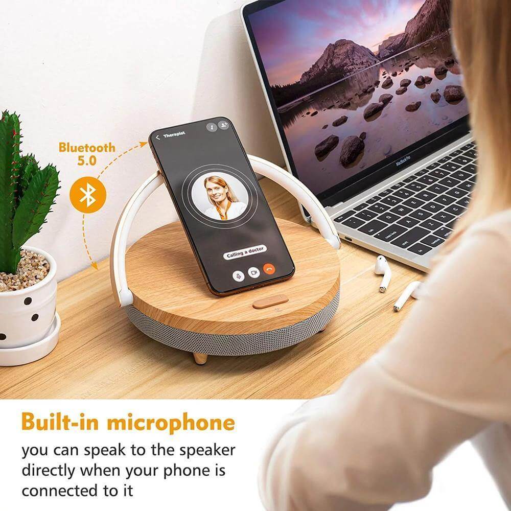Wooden Base Wireless Charger Speaker Table Lamp - MaviGadget